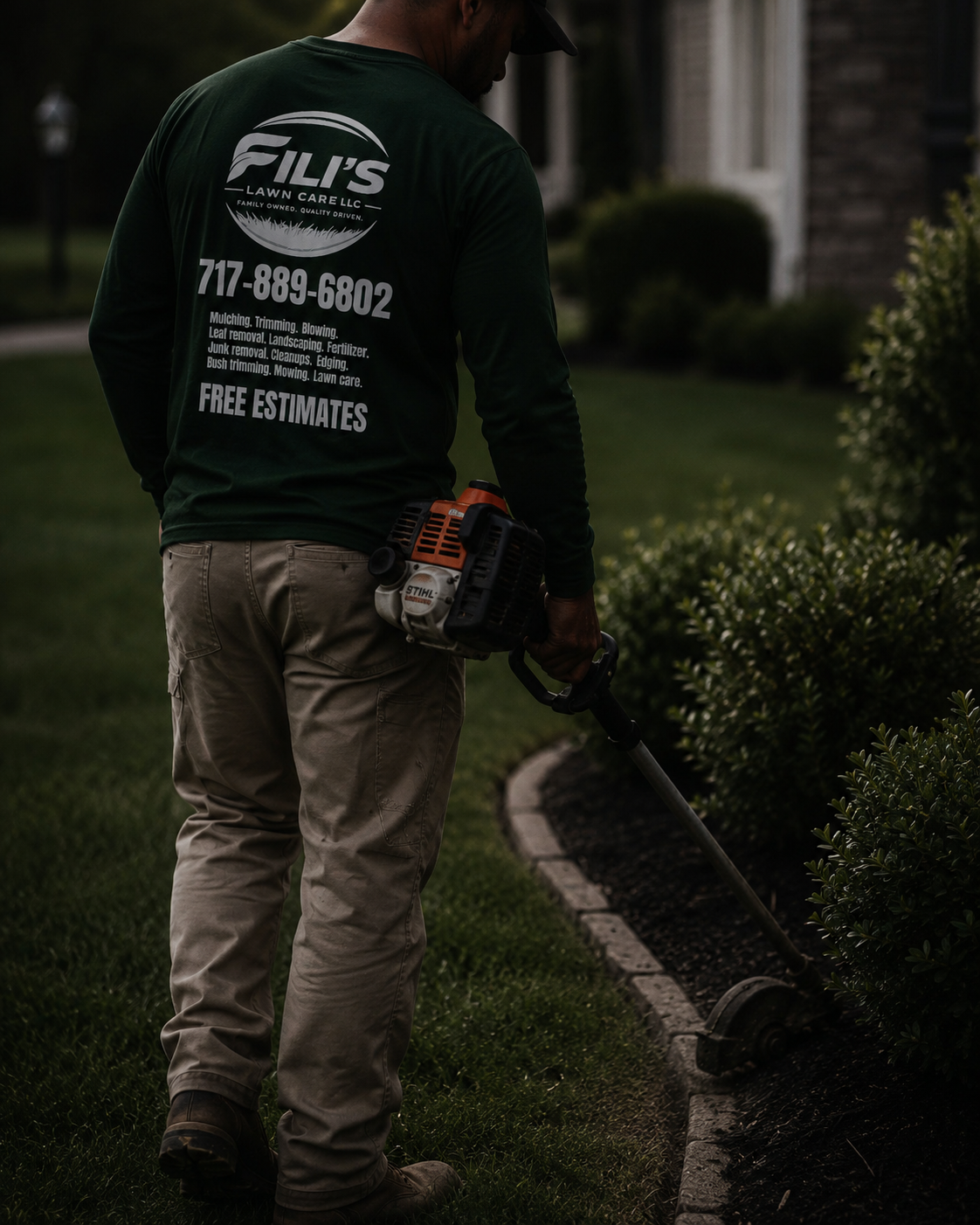 Fili's Lawn Care team member edging a manicured lawn